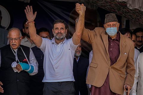 J-K Assembly polls: Rahul Gandhi, center, and JKNC leader Farooq Abdullah